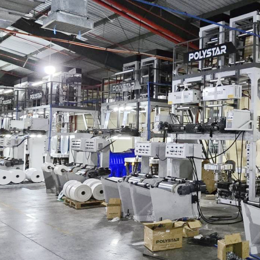 POLYSTAR twin-head monolayer blown film machines run in the Vietnamese factory